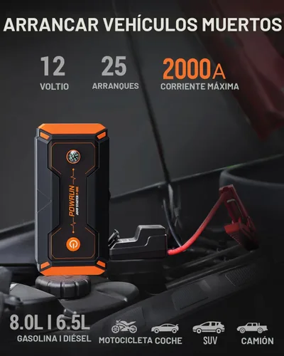 Vista 2 de Powrun P-ONE Arrancador de Salto, Caja de Salto Portátil de 2000A - Paquete de Batería de Arrancador de Coche para hasta 8.0L de Gasolina y 6.5L