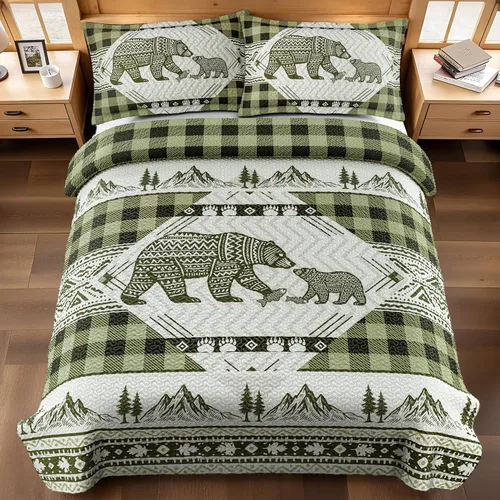 Vista 12 de Juego de 3 piezas de colcha tamaño King para cabaña, reversible, navideño, rústico, de microfibra, suave, ligera, de granja, con 2 fundas de 2-Oso