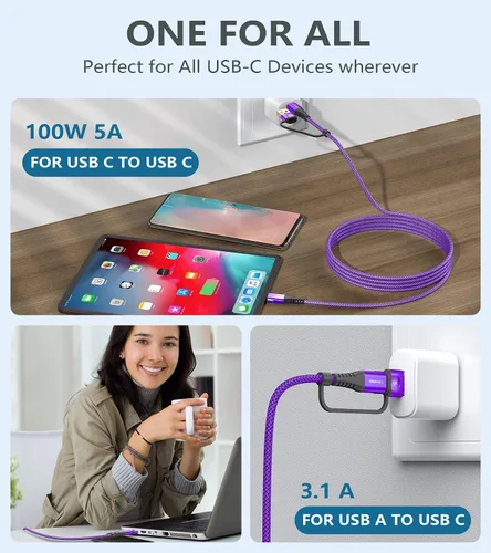 Vista 6 de Cable USB-C a USB-C de 6.6 pies PD 100 W iPhone 17 cargador 2 en 1 USB A/C a USB-C cable trenzado de nailon para iPhone 17 16 15 Pro Max Plus iPad