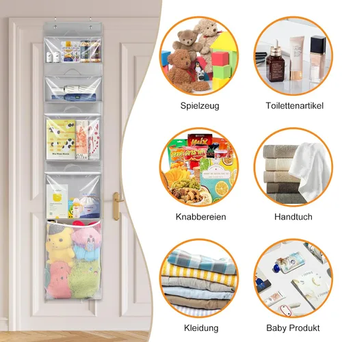 Vista 8 de Woodoulogy Organizador y almacenamiento para colocar sobre la puerta, soporte de juguetes colgante con 4 bolsas extraíbles transparentes, funda