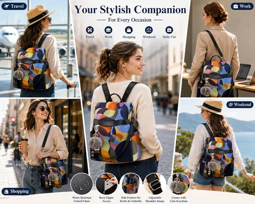 Vista 3 de Mochila para mujer, impermeable, antirrobo, bolsa de viaje, estiloA , L, Mochila Colorido