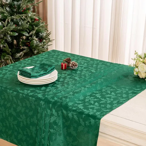 Vista 4 de Mebakuk Mantel de Jacquard de Navidad, impermeable, elegante, con patrón floral de damasco, mantel de peso pesado limpiable sin arrugas Verde