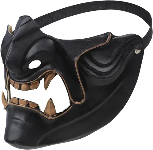 Vista 6 de OhMill Samurai Oni - Máscaras de media cara Airsoft Kabuki, máscaras de colmillos de demonio, máscaras para Halloween, juego de guerra de Cs
