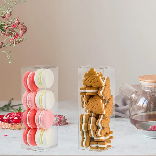 Vista 8 de Peohud 80 cajas transparentes para regalos, 2 cajas transparentes de 2 x 2 x 6 pulgadas, cajas de embalaje de plástico con chocolate macarrón