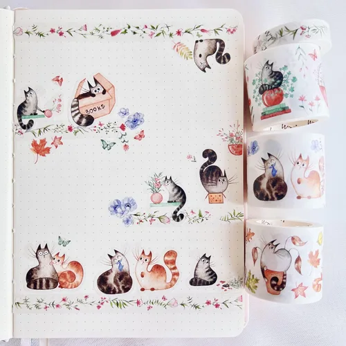 Vista 5 de WT Chonky Cat Washi - Juego de calcomanías de cinta Washi, 4 rollos, diseños originales, calcomanía decorativa de acuarela de lindo gato, calcomanía