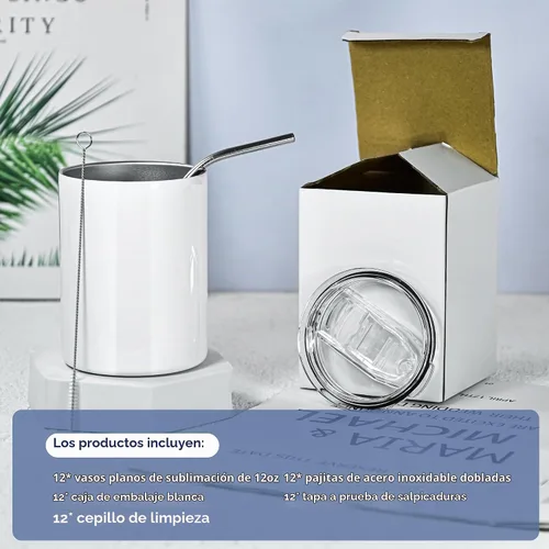 Vista 2 de AGH Vasos de sublimación de 12 onzas, paquete de 12 vasos rectos con tapa y popote, vaso plano