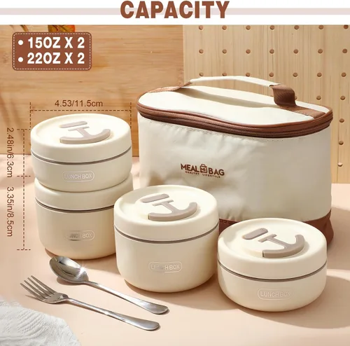 Vista 6 de Dandat 4 Piezas Caja Bento Aislada Contenedor Portátil de Acero Inoxidable para Alimentos Redondo Apto para Microondas Apilable A Prueba de Fugas
