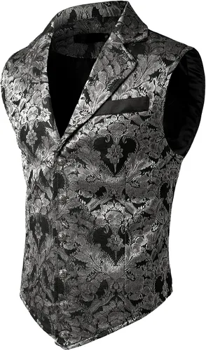 Vista 8 de VATPAVE Chaleco de traje victoriano para hombre, chaleco gótico steampunk Beige Negro