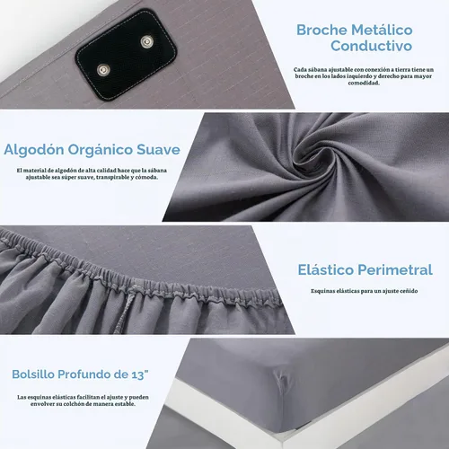 Vista 7 de Grounding Sheet Tamaño Queen - 95% Algodón Orgánico + 5% Fibra de Plata Pura, Ropa de Cama Conectada a la Tierra (60"x 80"x 13" Gris) Ajustable