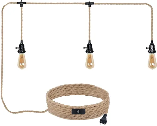 Vista 8 de Lámpara Colgante Enchufable de 15 pies con Cable, Interruptor Regulable, Lámpara Colgante de Ratán con Mimbre Tejido a Mano, Candelabro Enchufable