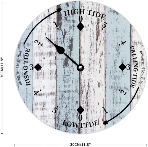 Vista 2 de Reloj de marea de madera, rayas de madera blanca, reloj de la costa este del océano, arte colgante de pared de marea alta y baja, reloj