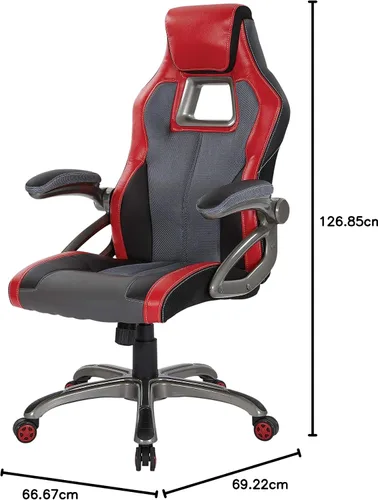 Vista 15 de OSP Home Furnishings Race Car - Silla ajustable para juegos, cuero consolidado gris carbón con detalles rojos