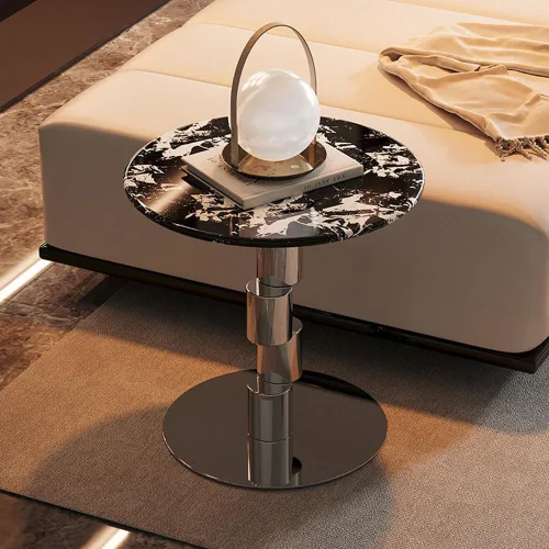Vista 6 de Mesa auxiliar redonda, mesa auxiliar con patrón de mármol, mesa de centro moderna, mesa de consola con base de acero inoxidable, mesa de cóctel