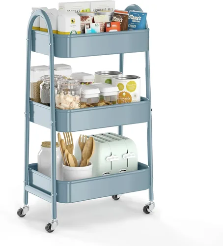 Vista 17 de EAGMAK Carrito rodante de 3 niveles, carrito de almacenamiento de metal grande con asa y ruedas con cerradura, organizador de almacenamiento