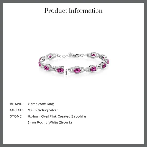 Vista 5 de Gem Stone King Pulsera de tenis de plata de ley 925 ovalada con zafiro creado en rosa para mujer