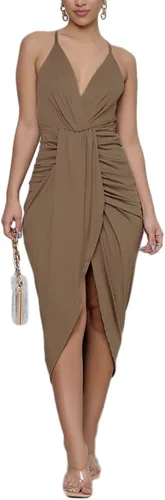 Vista 4 de LYANER - Vestido por debajo de la rodilla, tipo bodycon, con tirantes delgados, sin mangas, con cuello en V, fruncido y dobladillo con abertura