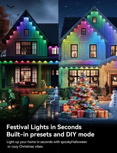 Vista 9 de Luces exteriores permanentes para casa, luces inteligentes impermeables RGB+IC IP67 para aleros, 200 pies con 100 LED, iluminación eterna