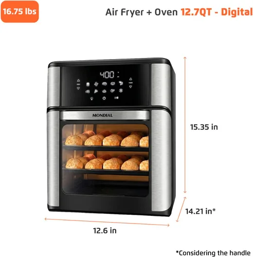 Vista 11 de Horno freidora de aire 1800W, capacidad de 12.7 cuartos de galón, panel de pantalla táctil, apagado automático - negro y acero inoxidable - Mondial