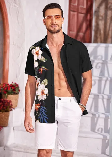 Vista 3 de COOFANDY 2024 Hawaiian Shirts for Men Short Sleeve Button Up Tropical Summer Beach Shirt with Pocket