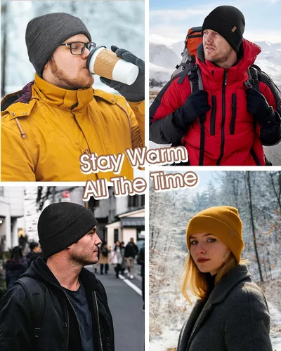 Vista 5 de FURTALK Gorro de invierno con forro polar para hombre, doble capa, elegante, tejido con puños, sombrero liso