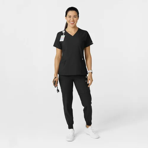 Vista 3 de Pantalón de hospital para mujer con cintura cómoda y estilo jogger, rojo, talla S Negro