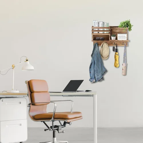 Vista 7 de Porta Llaves de Pared, Organizador de Llaves y Correo de Madera Sólida para Pared (Autoadhesivo o con Taladro), 8 Ganchos para Llavero para Entrada