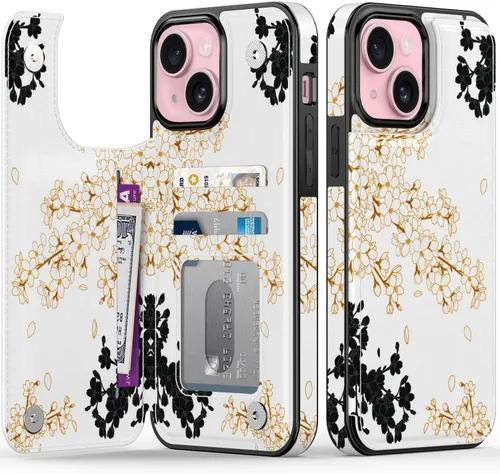 Vista 108 de FUNMIKO Funda tipo cartera para iPhone 15 con tarjetero + clip para efectivo, bloqueo RFID, protección contra caídas de grado militar y obras