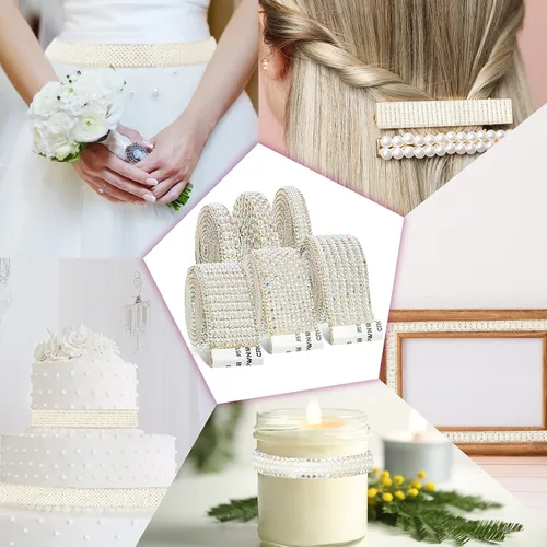 Vista 4 de WILLBOND Tiras de diamantes de imitación de perlas de 5.28 yardas de diamantes de imitación blancos autoadhesivos de imitación para bodas, fiestas