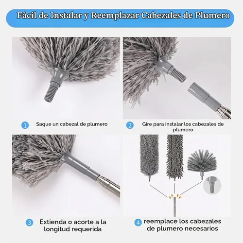 Vista 7 de Kit de plumero de microfibra 5 en 1 con poste de extensión, juego de plumero de limpieza lavable con 3 cabezales de plumero, plumero de telaraña