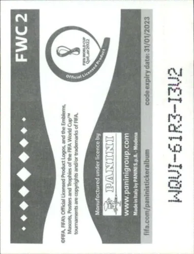 Vista 2 de Adhesivo de fútbol de la Copa Mundial Panini 2022 #FWC2 Trofeo Oficial FOIL - Adhesivo oficial de Qatar WC en bruto (NM o mejor), mide 2 pulgadas