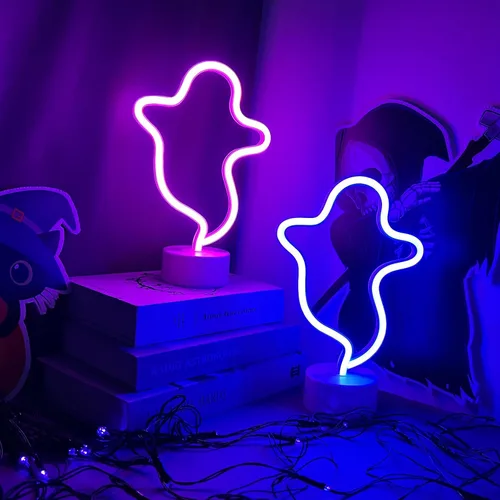 Vista 2 de Señal de neón fantasma de Halloween con base, señal de luz LED, lámpara en forma de fantasma alimentada por batería o USB para decoración de fiesta