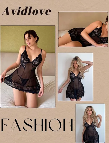Vista 2 de Avidlove Lencería sexy para mujer, lencería tipo babydoll de malla, ropa de dormir con encaje