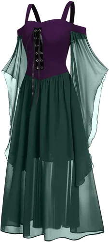 Vista 3 de SHOPESSA Disfraz medieval para mujer, manga de mariposa, vestido maxi con hombros descubiertos, vestido de corsé steampunk para mujer, ropa gótica