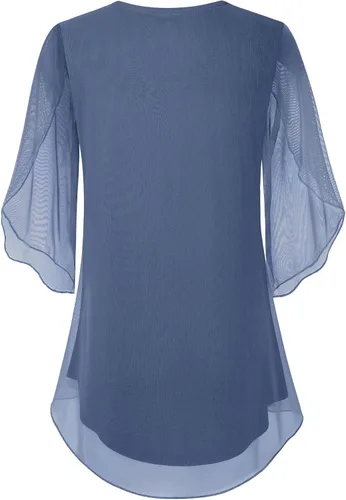 Vista 3 de Miusey Blusas de malla con volantes y manga 34 para mujer, holgadas, con elasticidad