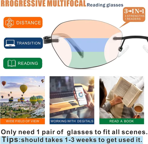 Vista 2 de Multifocus Gafas de lectura para mujer, progresivas, multifocales, sin marco, sin línea, lector bifocal, luz azul, diseño de computadora, lentes