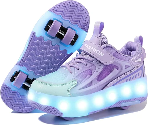 Vista 11 de Ufatansy - Zapatos con ruedas para patinar para niños y niñas, con 4 ruedas desmontables, 16 modos de luces LED de colores, zapatillas deportivas