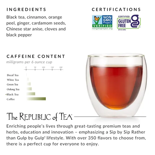 Vista 2 de The Republic of Tea - Té negro chai, lata de 50 bolsitas de té Made for morning or afternoon. Brisk and full-bodied with notes of warming ginger