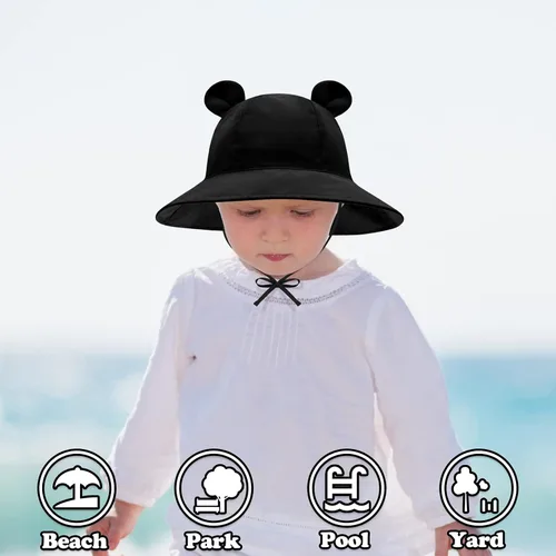 Vista 3 de Sombrero de sol para bebé, sombreros para niños y niñas, sombrero de sol para bebé niña sombreros con orejas de oso de ala ancha UPF 50+ sombrero