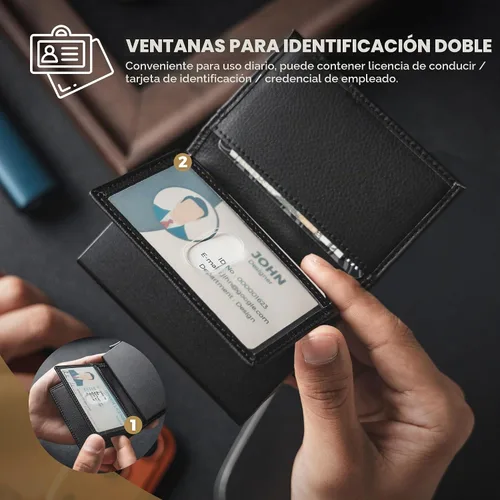 Vista 3 de Cartera con tarjetero VULKIT con bloqueo RFID, diseño minimalista, con ventanas dobles para identificación, cartera desplegable para 12 tarjetas