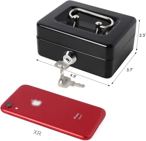 Vista 7 de Caja de dinero pequeña con bandeja de dinero y cerradura, caja de dinero de metal para efectivo, caja de seguridad XXS, color negro