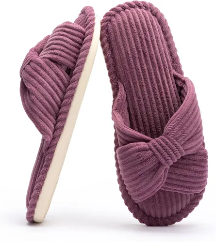 Vista 11 de Chantomoo Pantuflas para mujer, de espuma viscoelástica, para el hogar, dormitorio, baño, spa, puntera abierta, con lazo de pana, acogedoras