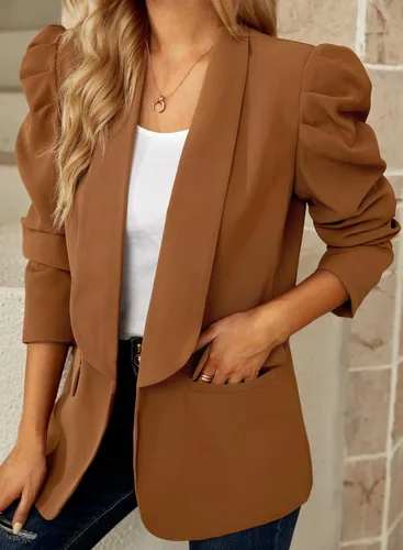 Vista 7 de Happy Sailed Blazer para mujer 2023 con frente abierto, manga abombada, chaqueta de oficina, chaquetas casuales de trabajo con bolsillos