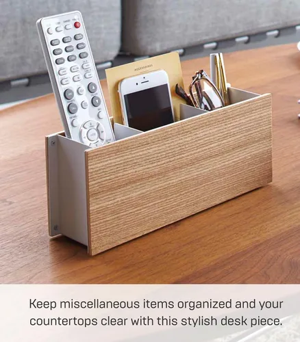 Vista 6 de YAMAZAKI Home Rin Organizador de escritorio, control remoto de TV y soporte para bolígrafos, pequeño, acero + madera