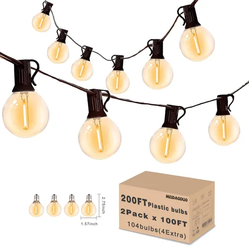 Vista 14 de 200 pies de luces de cadena LED al aire libre Edison para exteriores, impermeables, 2200K, luces de patio con 104 bombillas de plástico