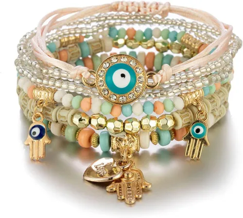 Vista 3 de Caiyao Juego de pulseras apilables de varias capas con cuentas de mal de ojo bohemio, multicolor, dije de ojo boho, semilla, Hamsa Fátima, colgante