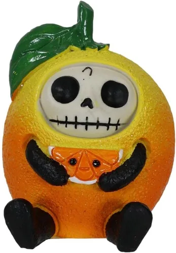 Vista 2 de Ebros Gift Furrybones Fruity Juicy Mikan, el esqueleto naranja japonés con hoja verde, huesos peludos, calaveras, esqueletos, escultura de Halloween