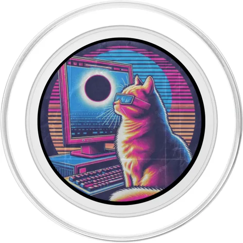 Vista 2 de Eclipse solar de gato - Synthwave Retro Poster Style PopSockets MagSafe PopGrip para iPhone