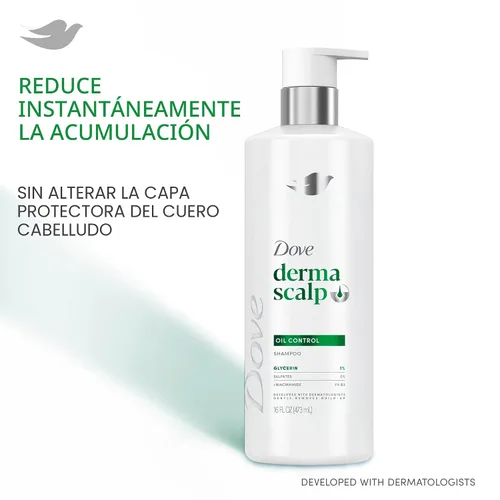 Vista 3 de Dove Derma Scalp Oil Control Shampoo 1 ct con glicerina, sulfatos y niacinamida para eliminar la acumulación de producto del cuero cabelludo, 16