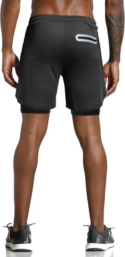 Vista 3 de Leidowei Pantalones cortos para correr 2 en 1 para hombre, ligeros, para entrenamiento, yoga, gimnasio, 7 pulgadas con bolsillos con cremallera