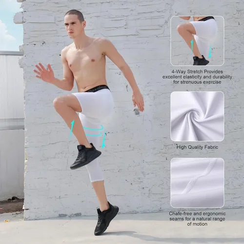 Vista 5 de Roxdme 2 Pack Men's 34 One Leg Compression Capri Tights Pants Basketball Athletic Running